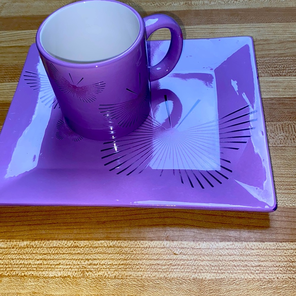 Beautiful lilac mug and plate delicately designed with butterfly on lilac purple